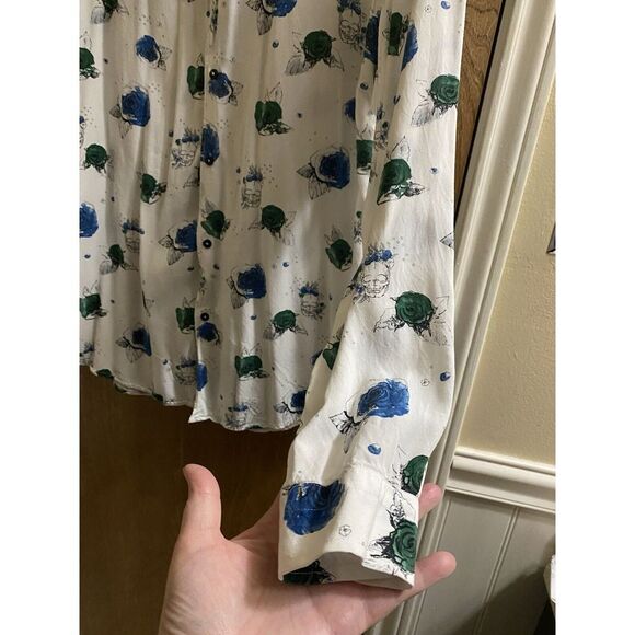 Zara Man White Lightweight Skull Roses Button Up Long Sleeve Relaxed Fit Soft - Picture 5 of 13